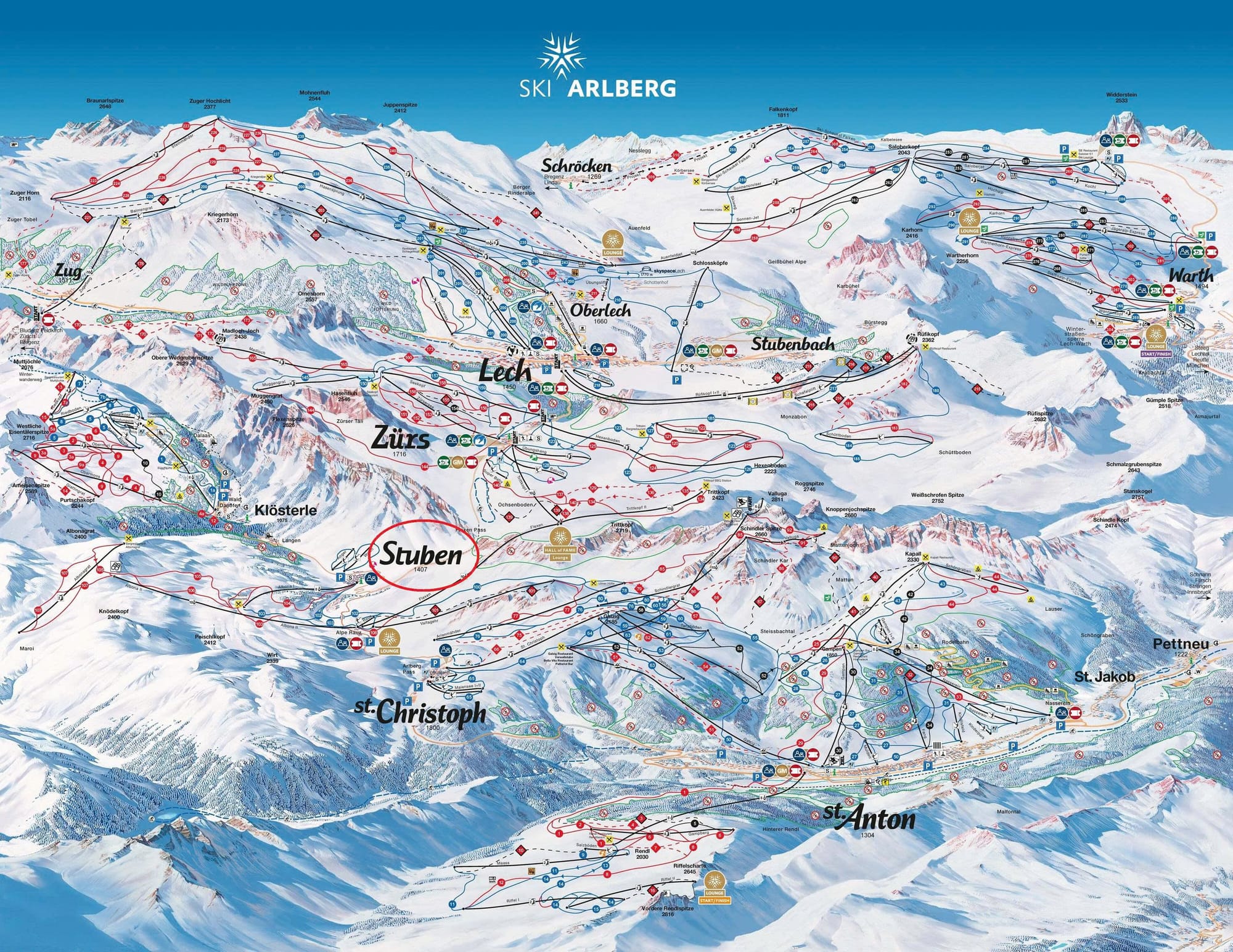 Stuben — zentral im Pistenplan von Ski Arlberg